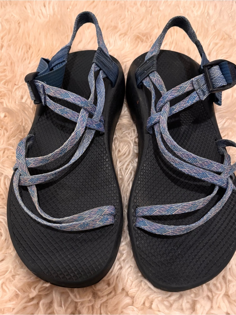 Chaco Women's Strappy Sandals in Black with Blue-Purple Webbing